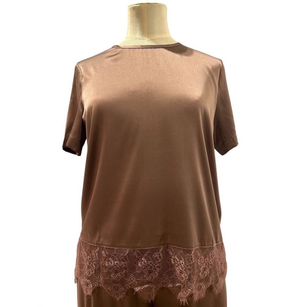 NEW MAX&MOI women's teola silk & lace shirt in cocoa